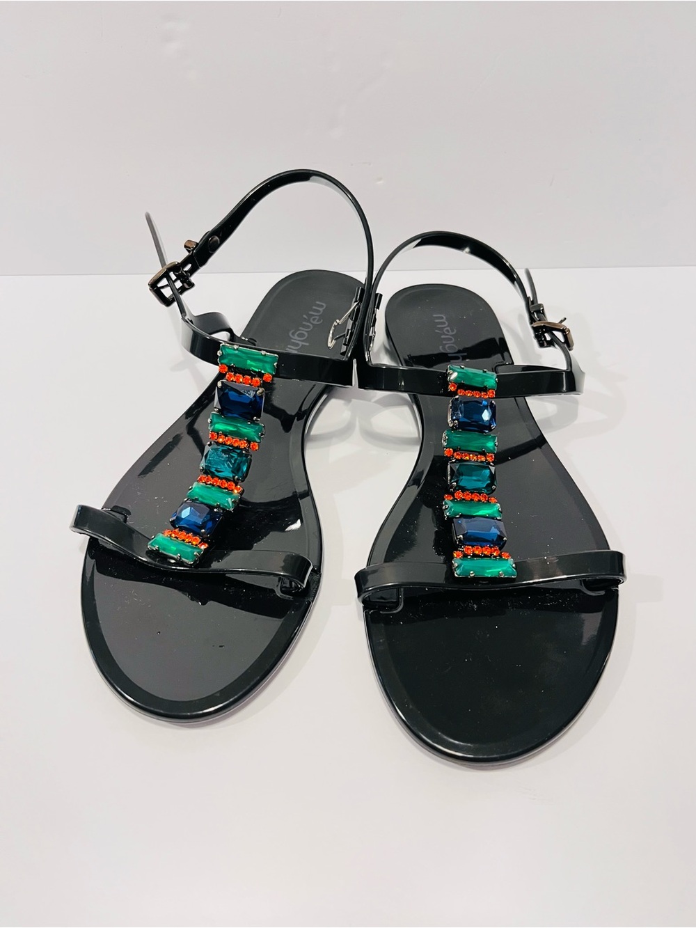 Menghi Made in Italy Crystal Embellished Jelly Texture Black Sandals Size 37(6).
